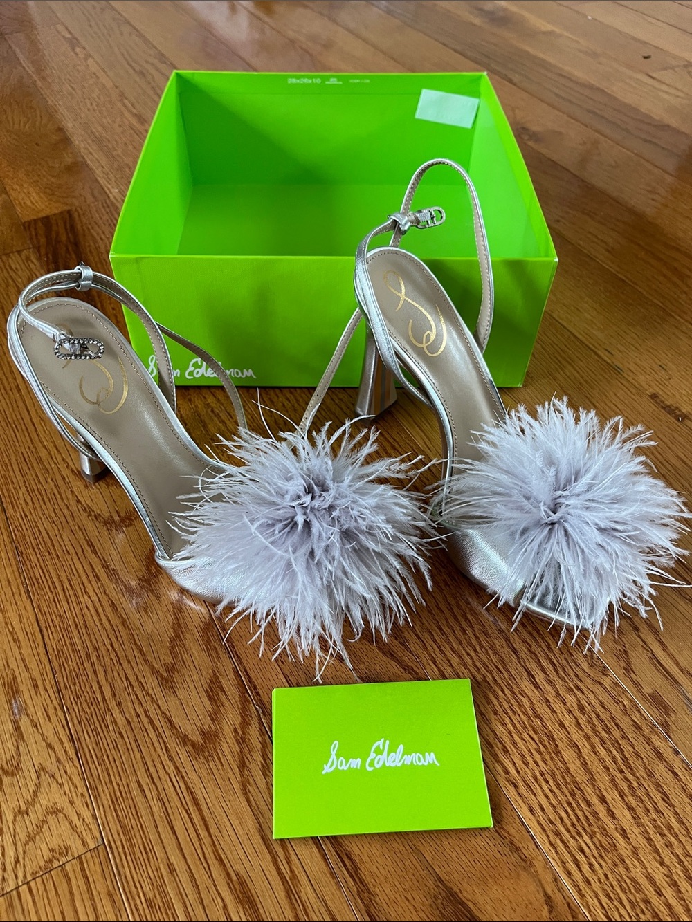 Sam Edelman Metallic Silver Feather Pom-Pom Slingback Heels